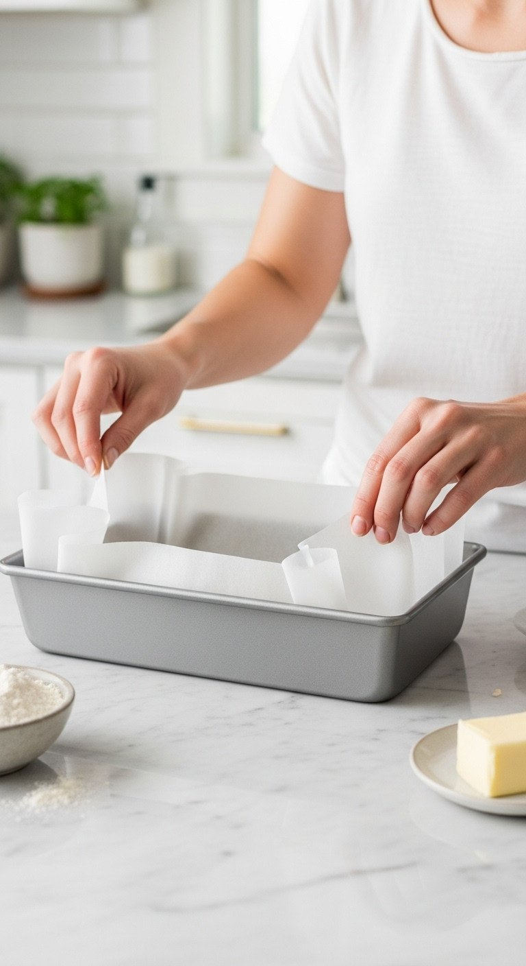 Top-Down View Of A Light Metal 9X13 Baking Pan Being Lined With Parchment Paper, Forming A Sling On A Marble Counter With Flour And Butter.