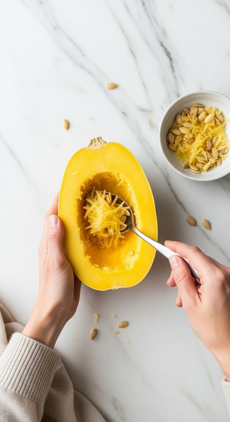 Top-Down View Of A Metal Spoon Scooping Seeds And Stringy Pulp From A Raw Spaghetti Squash Half On A Marble Surface.