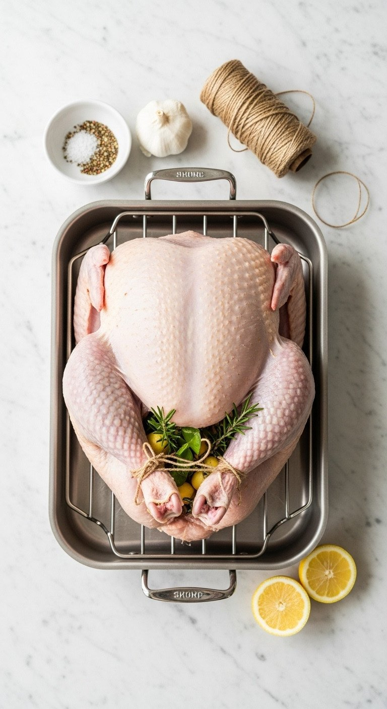 Top-Down View Of A Raw Turkey, Trussed With Twine And Filled With Aromatics, Ready To Cook In A Roasting Pan On A Rack.