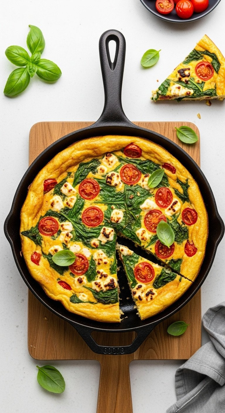 Top-Down View Of A Rustic Vegetable Frittata With Spinach And Tomatoes In A Cast-Iron Skillet, A Slice Cut To Show Texture.
