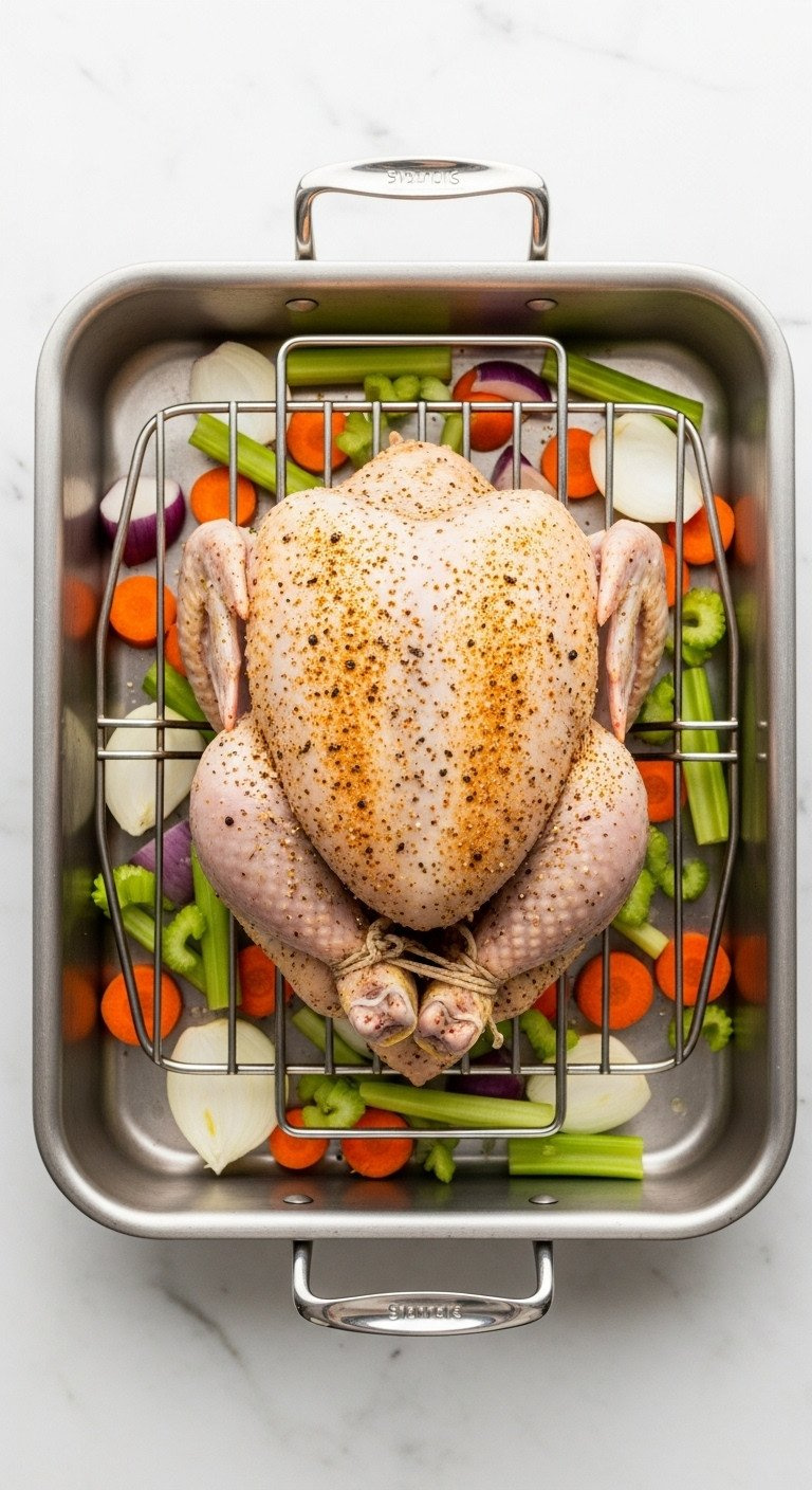 Top-Down View Of A Seasoned Whole Chicken On A Rack In A Roasting Pan Over Carrots, Celery, And Onions.