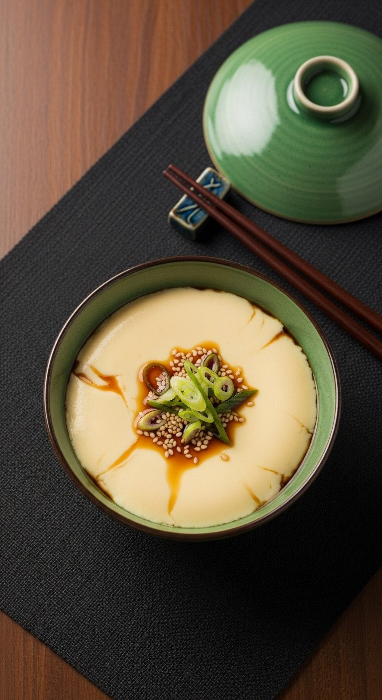 Top-Down View Of A Silky Chinese Steamed Egg Custard In A Bowl, Garnished With Soy Sauce And Scallions, With Chopsticks.