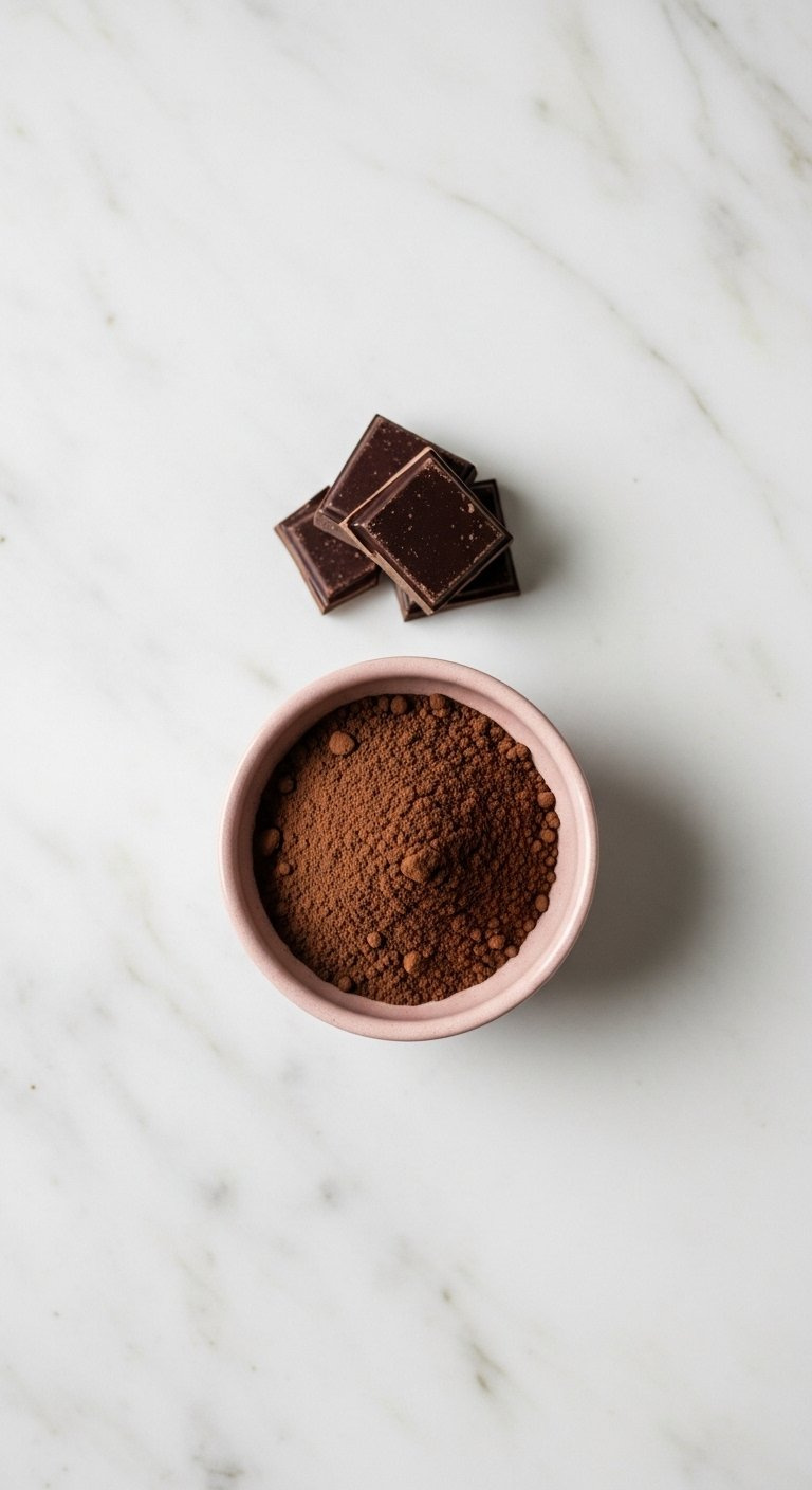 Top-Down View Of A Small Bowl Of Dark Dutch-Processed Cocoa Powder And Chunks Of Dark Chocolate On A Marble Countertop.