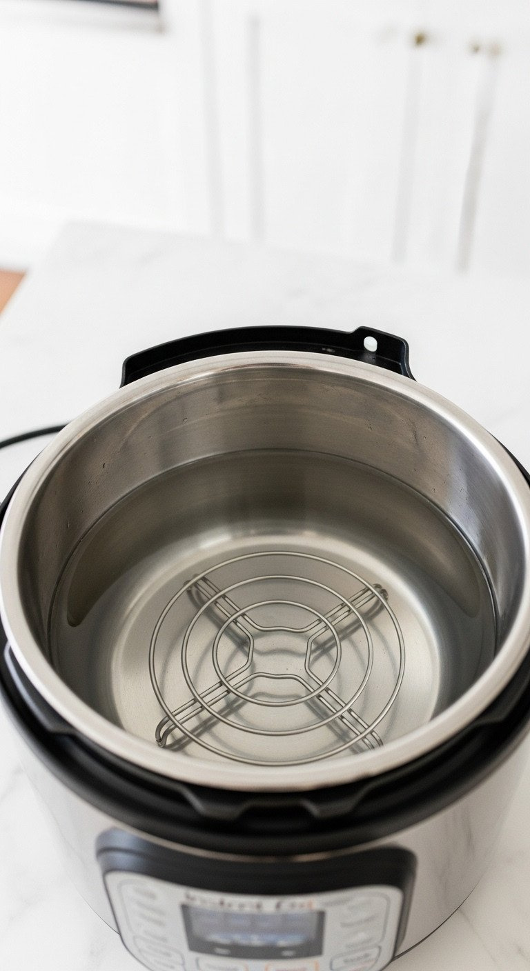 Top-Down View Of An Instant Pot Stainless Steel Inner Pot With A Metal Steamer Trivet Inside, Ready For Pressure Steaming.