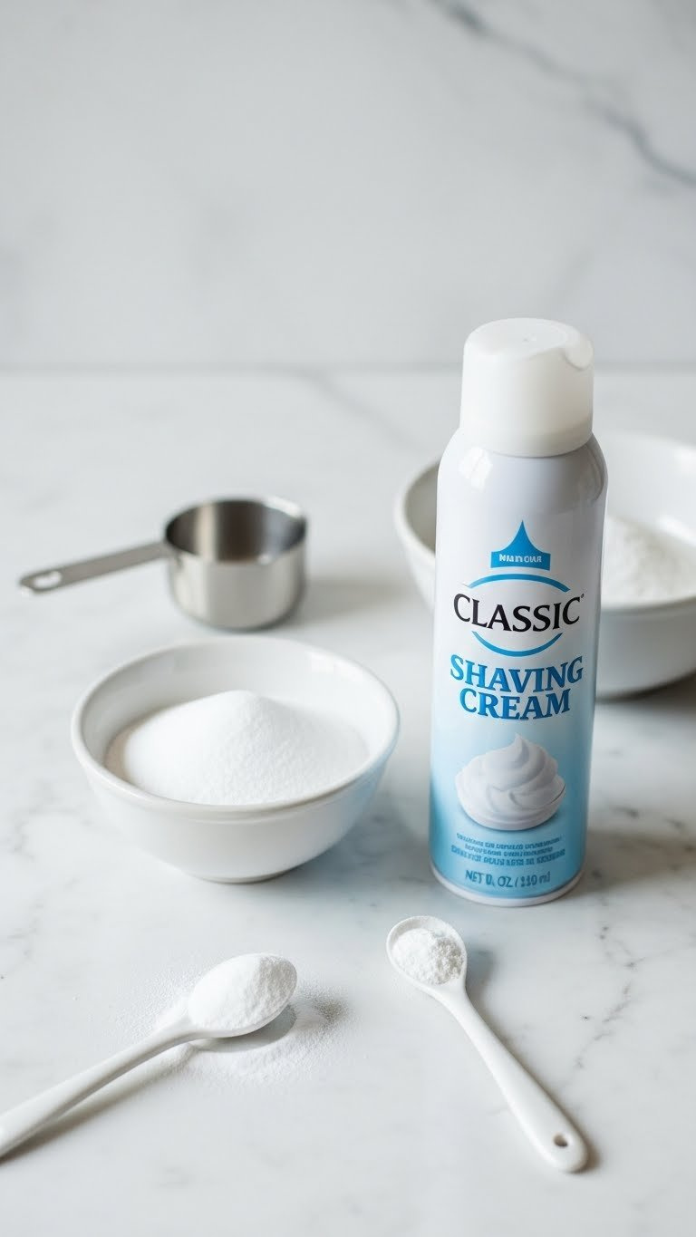 Top-Down View Of Baking Soda Bowl And Shaving Cream Can Arranged Symmetrically On White Marble Countertop With Soft Bokeh Background