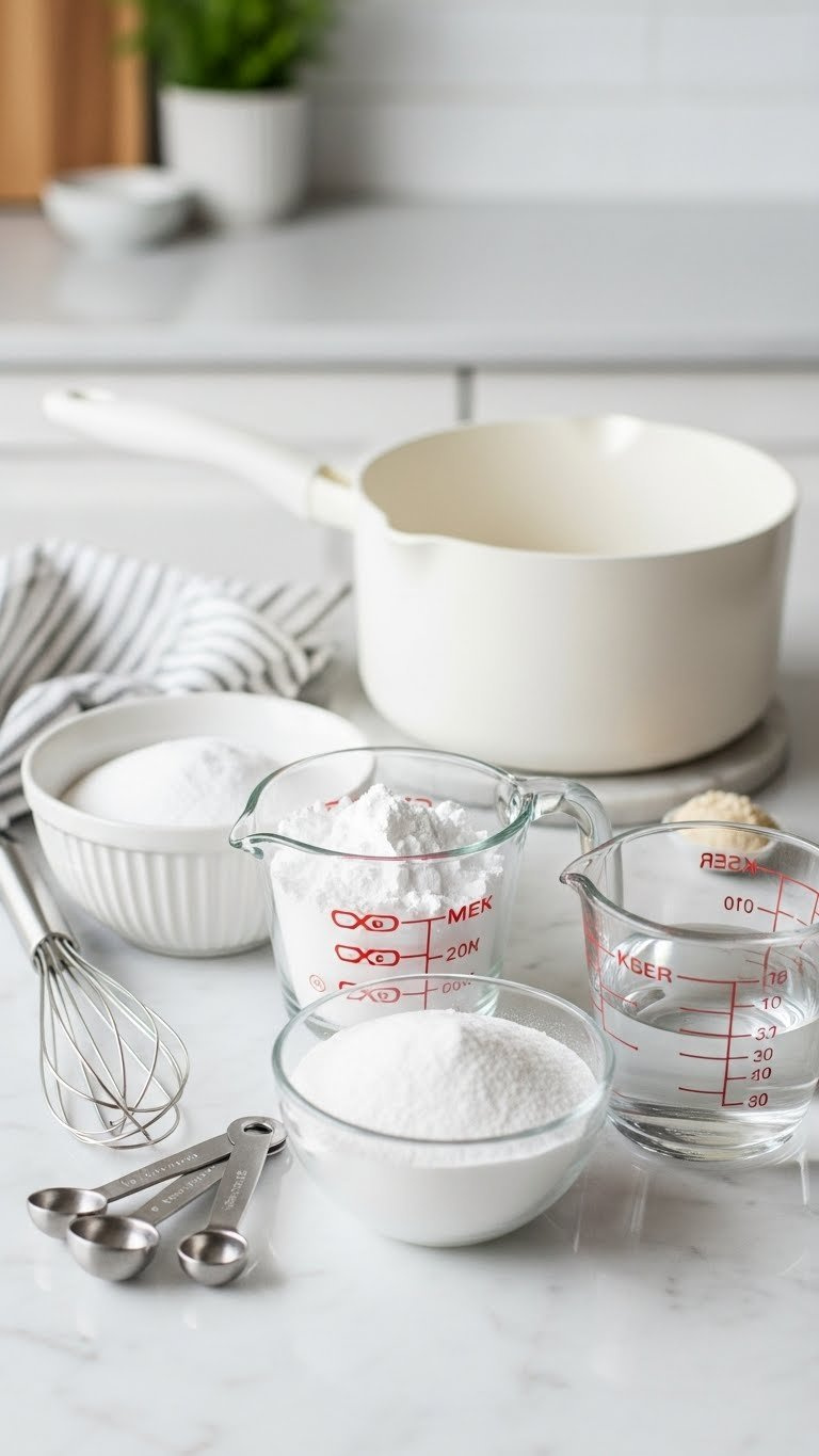 Top-Down View Of Baking Soda, Cornstarch, And Water Ingredients Arranged In White Bowls With Baking Tools On Light Marble Countertop