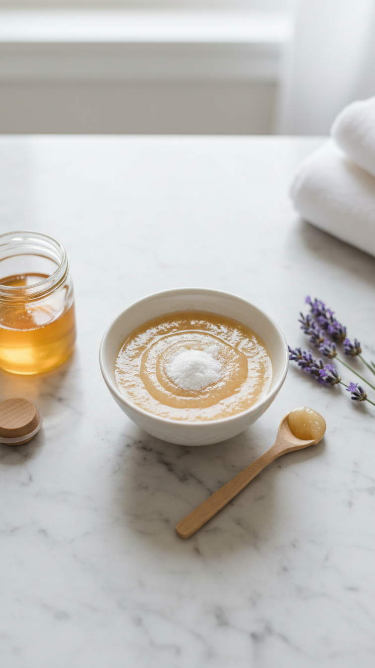 Top-Down View Of Baking Soda Honey Facial Mask In Ceramic Bowl With Wooden Spoon On Marble Countertop