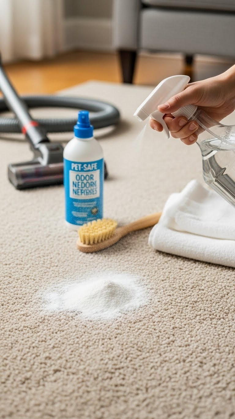 Top-Down View Of Baking Soda Sprinkled On Pet Stain On Light Carpet With Vinegar Spray Bottle For Odor Neutralization