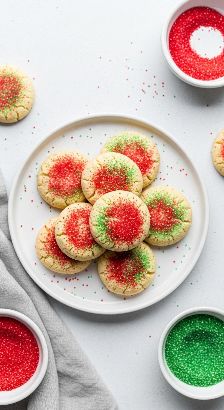 Top-Down View Of Bite-Sized Sugar Cookies Coated In Red And Green Sanding Sugar, Arranged On A Simple White Ceramic Plate.