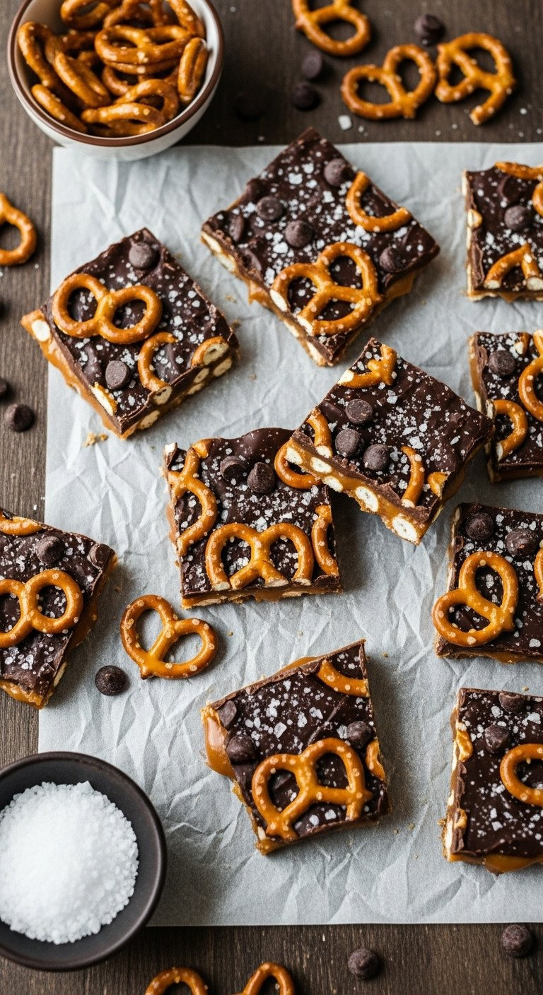 Top-Down View Of Broken Salted Caramel Chocolate Pretzel Bark Showing Layers Of Pretzel, Caramel, And Dark Chocolate.