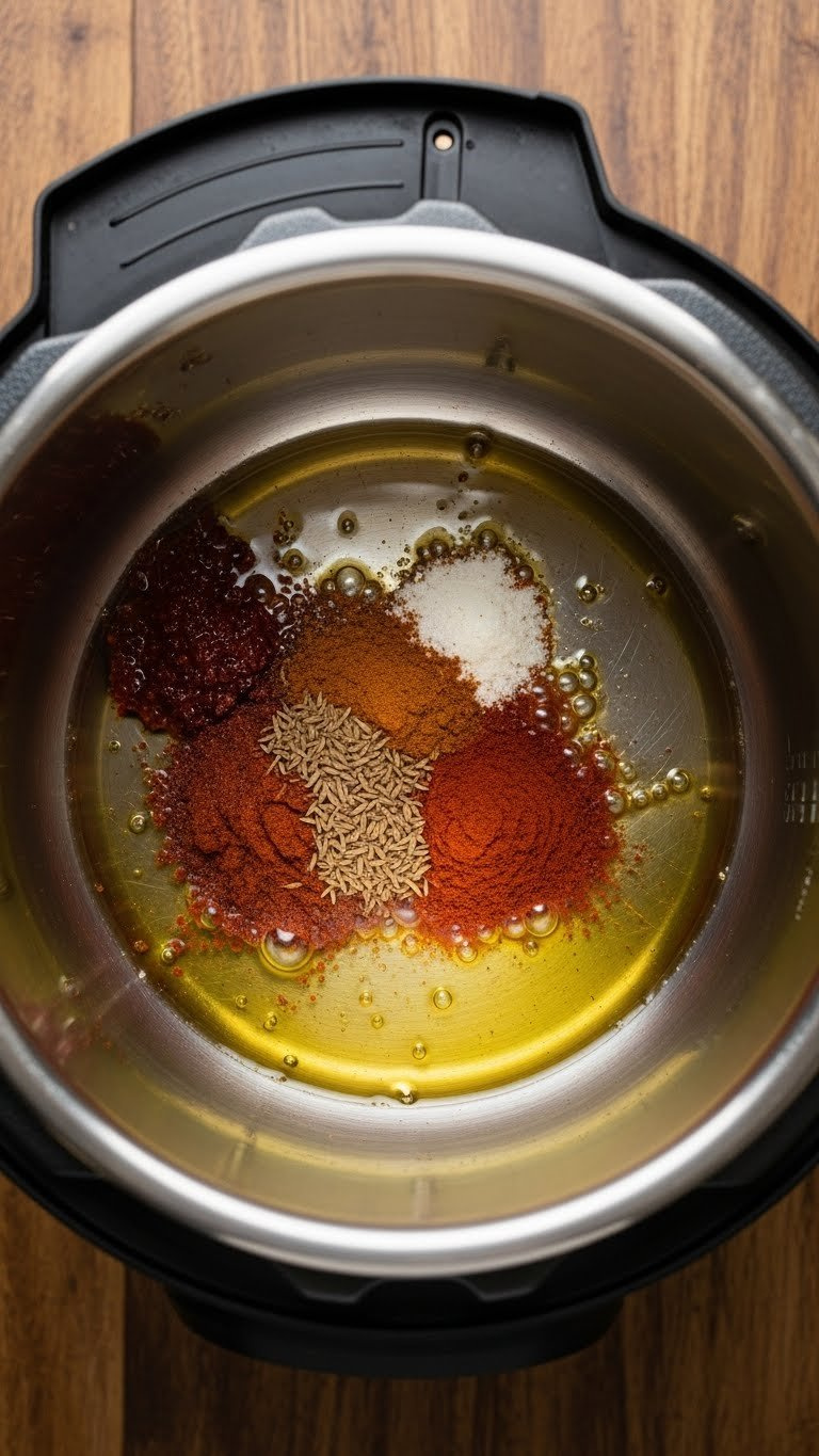 Top-Down View Of Chili Powder, Cumin, And Smoked Paprika Blooming In Olive Oil Inside Instant Pot On Rustic Table