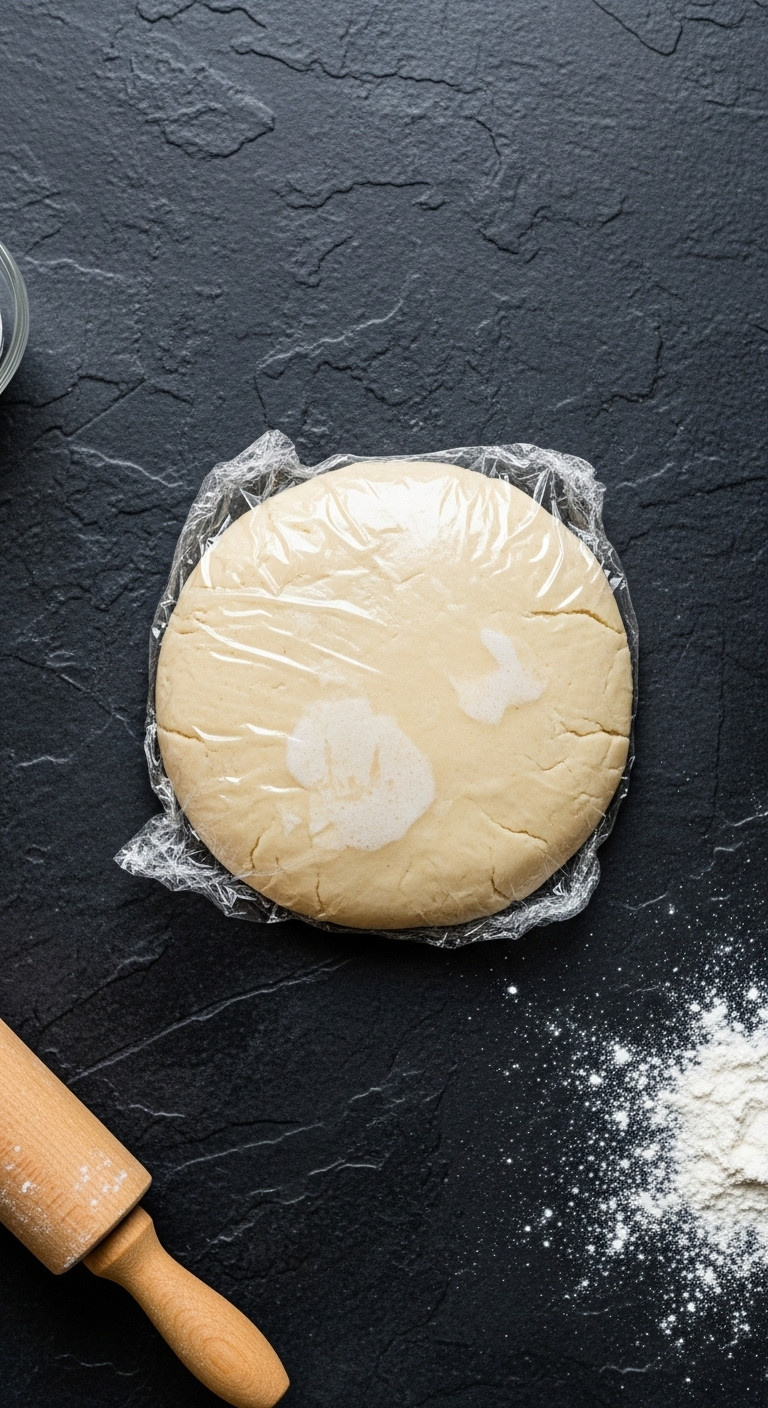 Top-Down View Of Chilled, Pale Cookie Dough Disc Wrapped In Plastic On A Dark Slate Counter With A Wooden Rolling Pin.