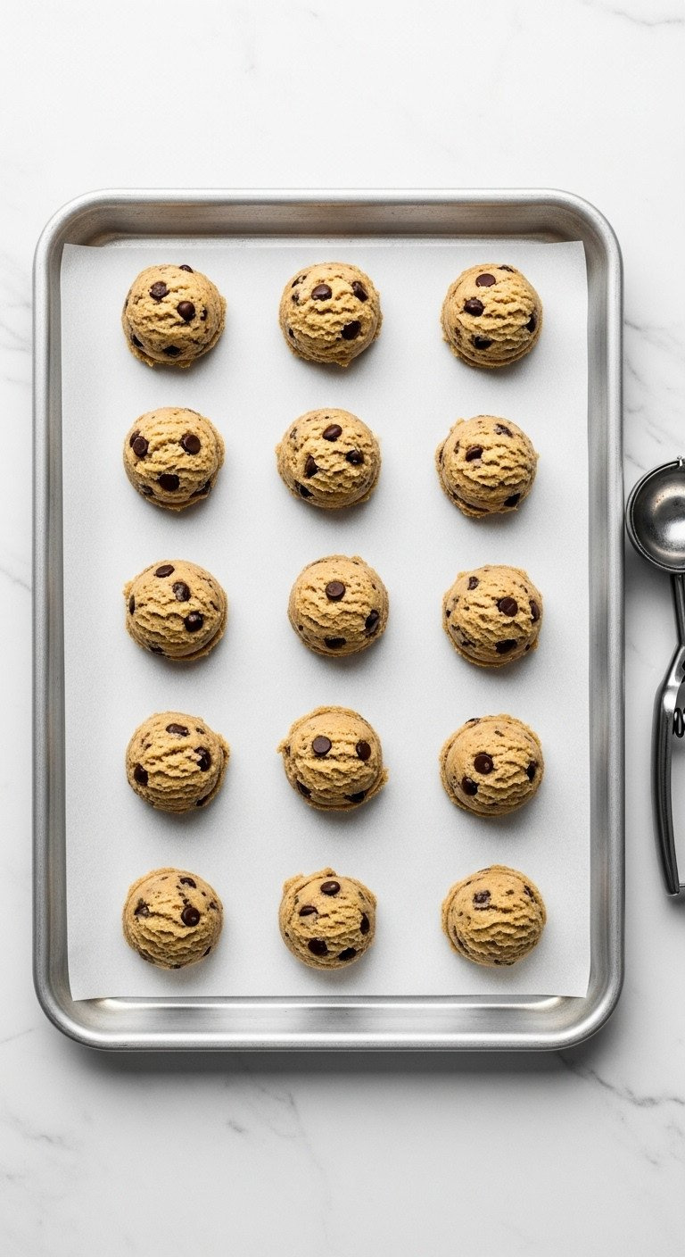 Top-Down View Of Chocolate Chip Cookie Dough Scoops On A Parchment-Lined Baking Sheet, Ready For Flash Freezing.