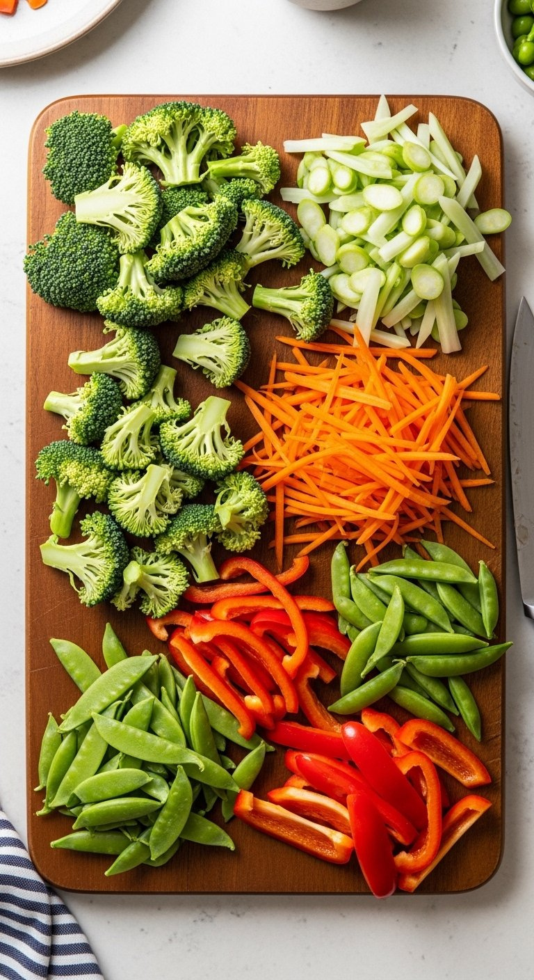 Top-Down View Of Chopped Fresh Vegetables Including Broccoli, Carrots, Red Bell Peppers, And Snap Peas.