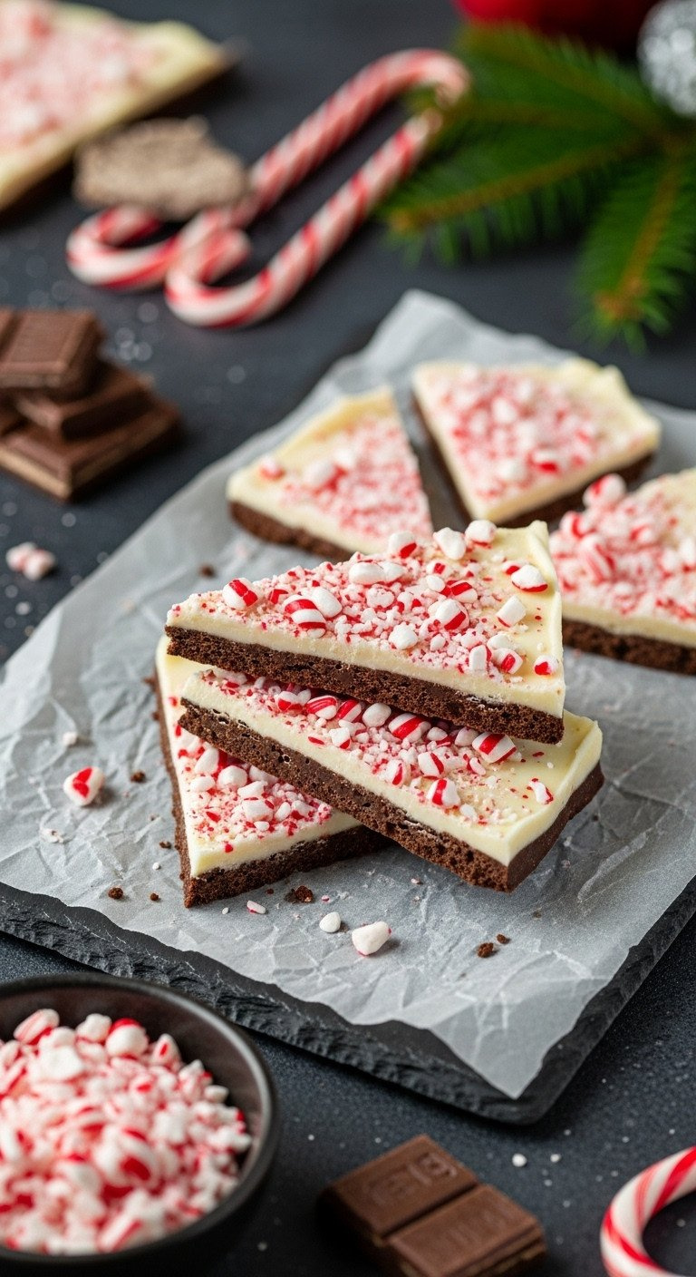 Top-Down View Of Classic No-Bake Peppermint Bark Shards On Parchment, Showing The Rich Dark And White Chocolate Layers.