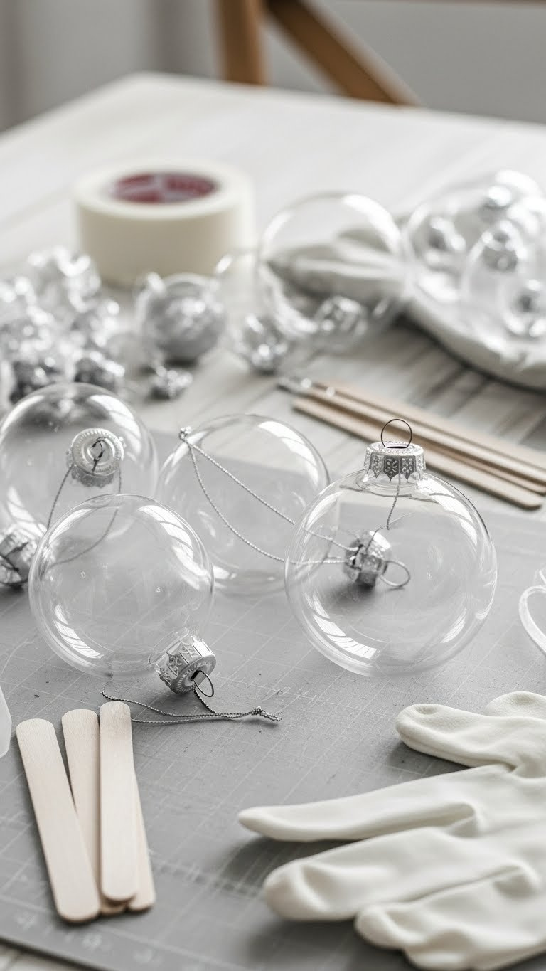 Top-Down View Of Clear Glass Ornaments With Metal Caps Arranged On Craft Mat With Paint Stirrers And Gloves For Diy Preparation