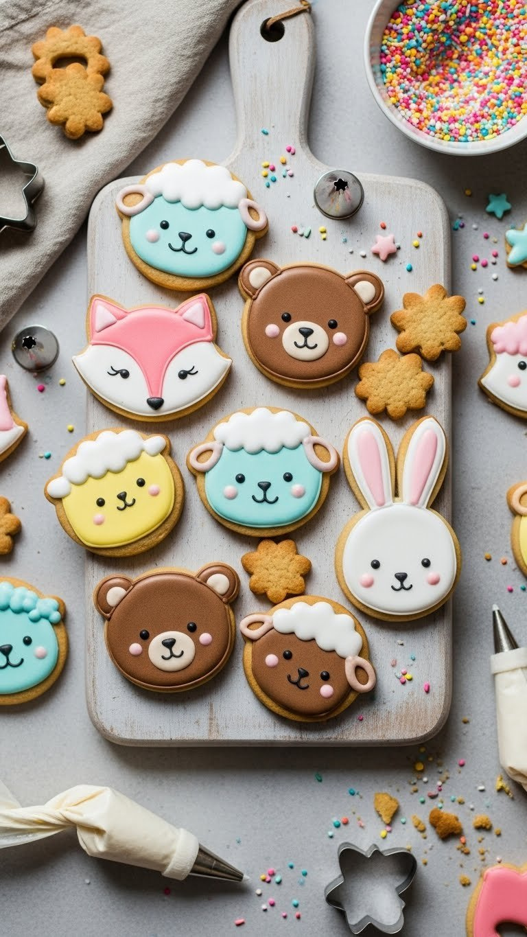 Top-Down View Of Colorful Animal-Shaped Sugar Cookies With Pastel Icing Arranged On A Rustic Wooden Board.