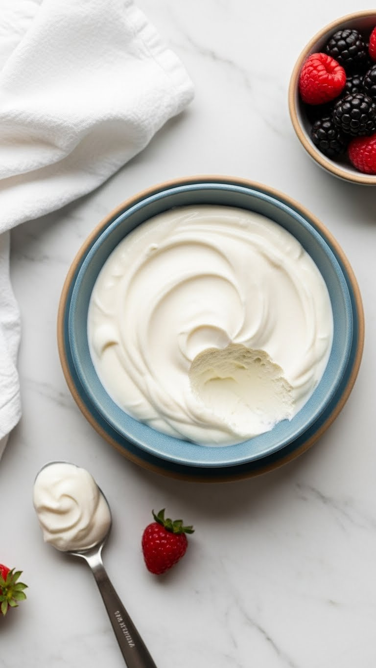 Top-Down View Of Creamy Dairy-Free Greek Yogurt In A Blue Bowl, With Berries And A Spoon. Vegan Baking Binder, Moistening.