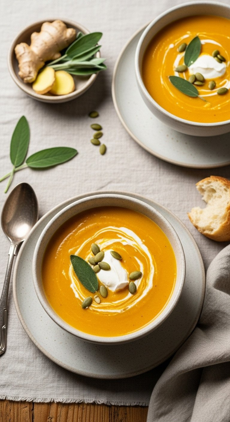 Top-Down View Of Creamy Orange Pumpkin Bisque With A Dollop Of Crème Fraîche, Fresh Sage, And Toasted Pumpkin Seeds On A Rustic Table.