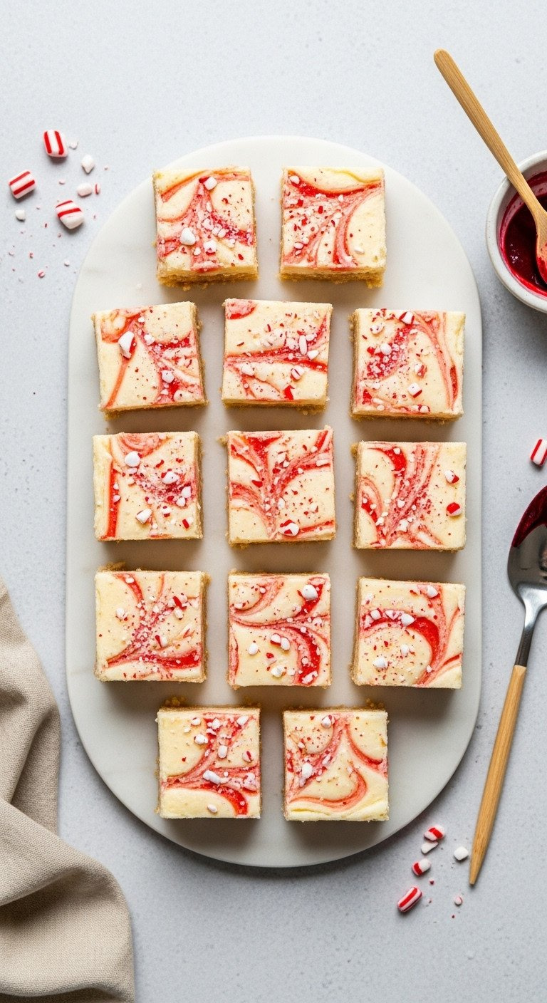 Top-Down View Of Creamy White Peppermint Swirl Fudge With Festive Red Swirls, Cut Into Squares On A Marble Platter.