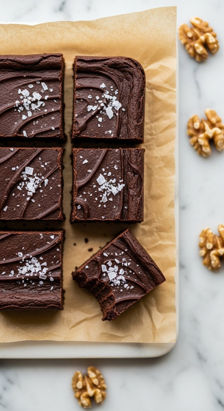 Top-Down View Of Dark Chocolate Fudge Squares With Flaky Sea Salt On Parchment Paper, One With A Bite Taken Out.