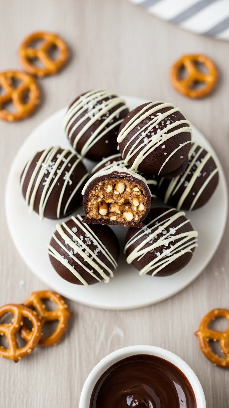 Top-Down View Of Dark Chocolate Peanut Butter Pretzel Truffles With White Chocolate Drizzle And Salt, Marble Platter.