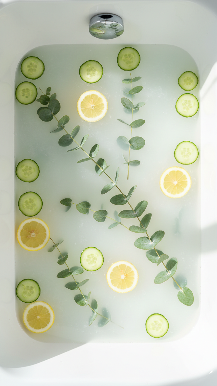 Top-Down View Of Detox Bath With Baking Soda, Epsom Salts, Eucalyptus, Lemon, And Cucumber Floating In Water