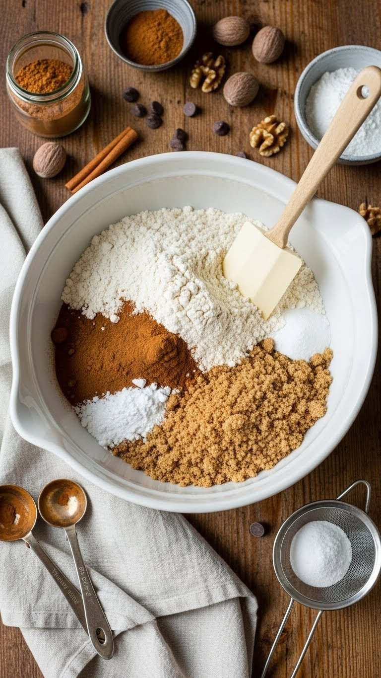Top-Down View Of Dry Baking Ingredients Mixed In Large Bowl Showing Cinnamon Swirls In Whole Wheat Flour And Brown Sugar