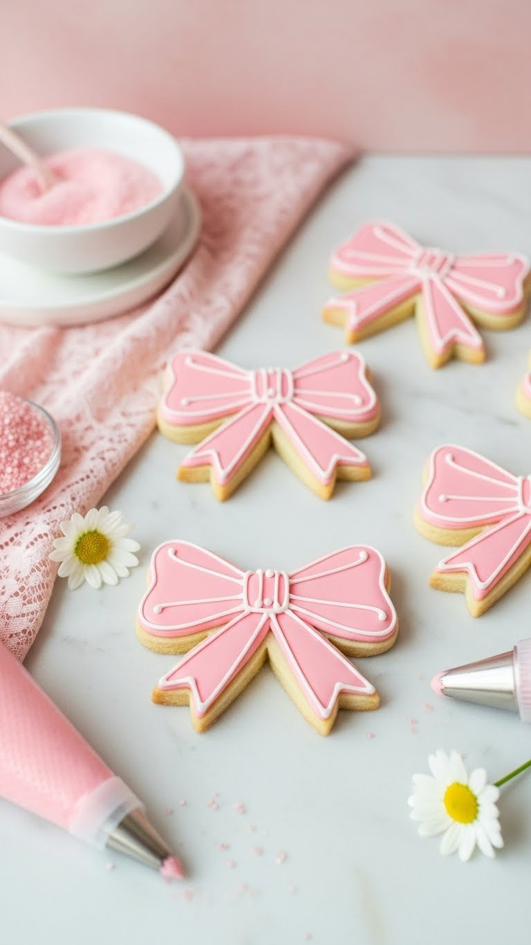 Top-Down View Of Exquisitely Decorated Pink Bow Cookies With Intricate Icing Details On White Marble Countertop With Piping Bag.