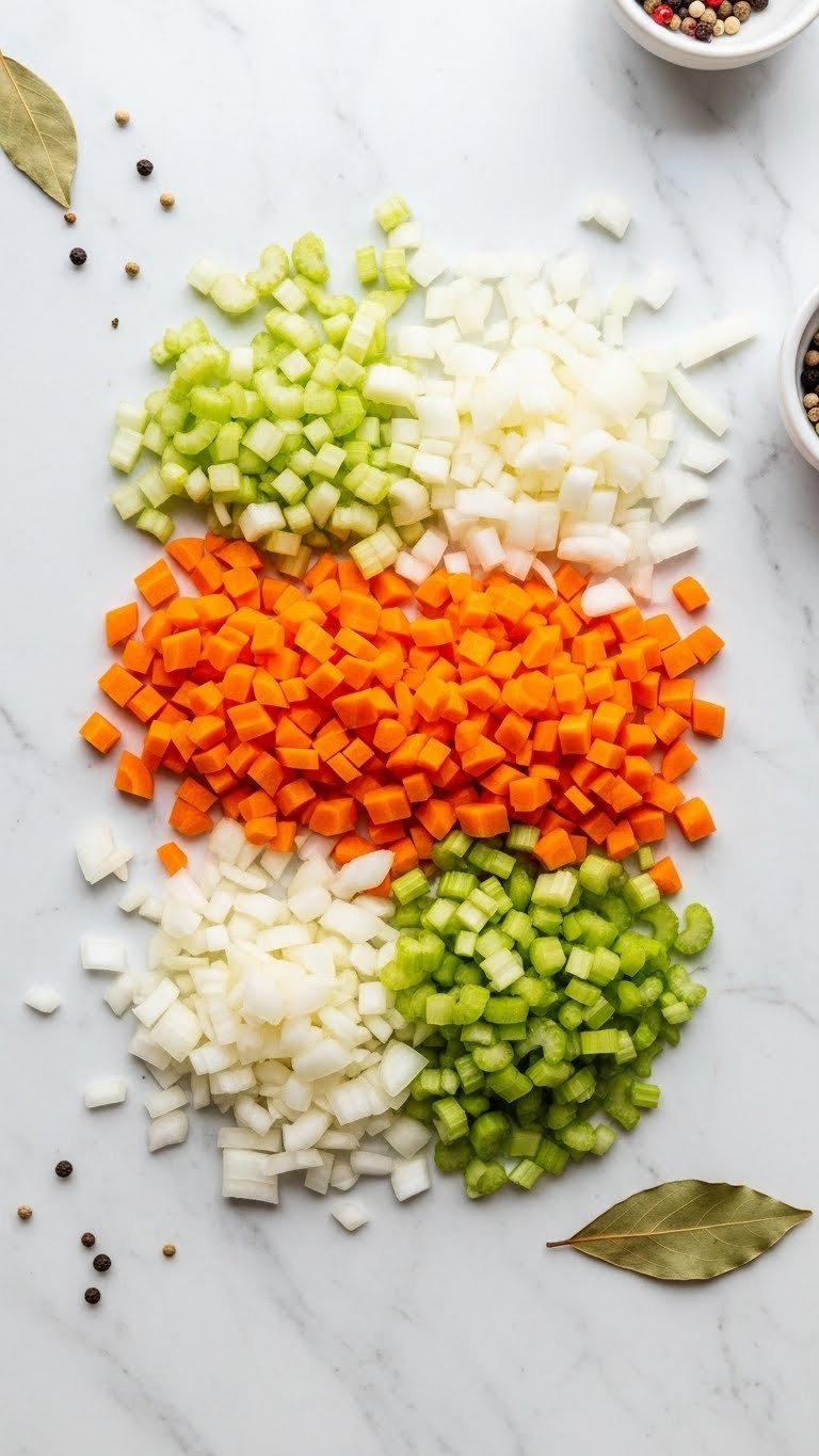 Top-Down View Of Finely Diced Mirepoix Vegetables On White Marble Countertop For Classic Stew Base