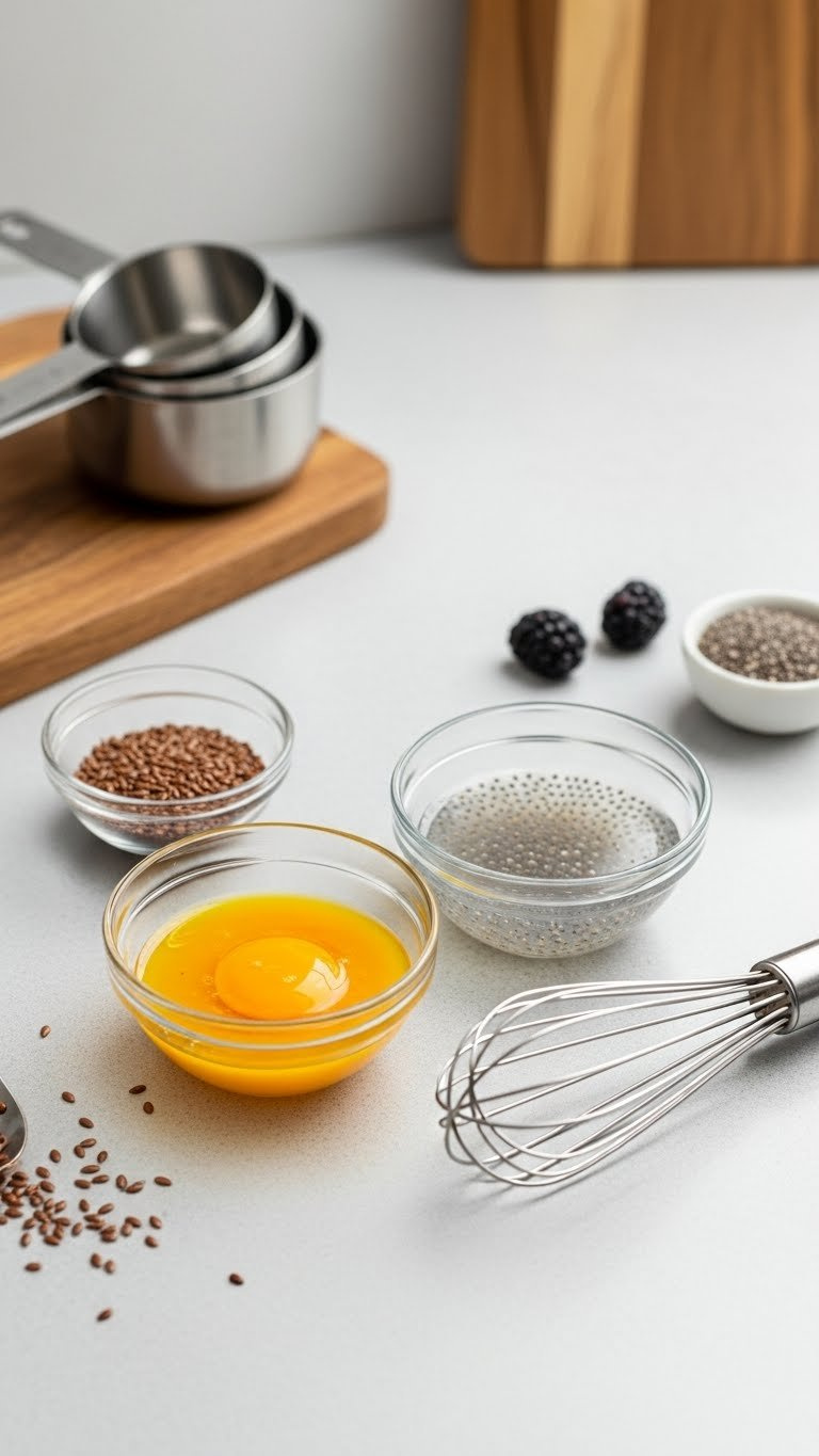 Top-Down View Of Flax Eggs And Chia Seed Gel In Glass Bowls With Whisk And Seeds On Light Kitchen Counter