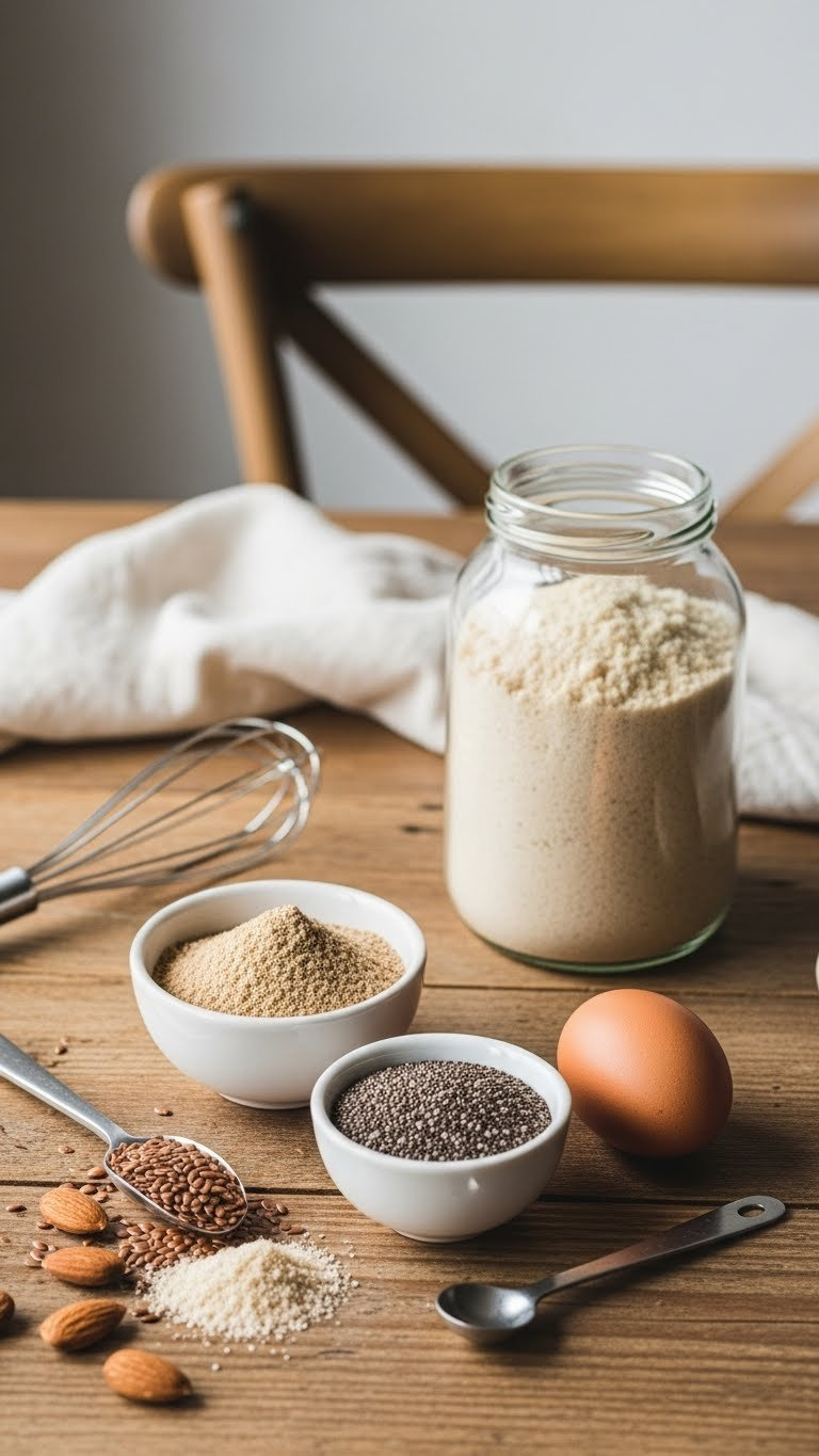Top-Down View Of Flaxseed Meal, Chia Seeds, And Egg In Bowls On Rustic Wooden Table As Almond Flour Baking Binding Agents