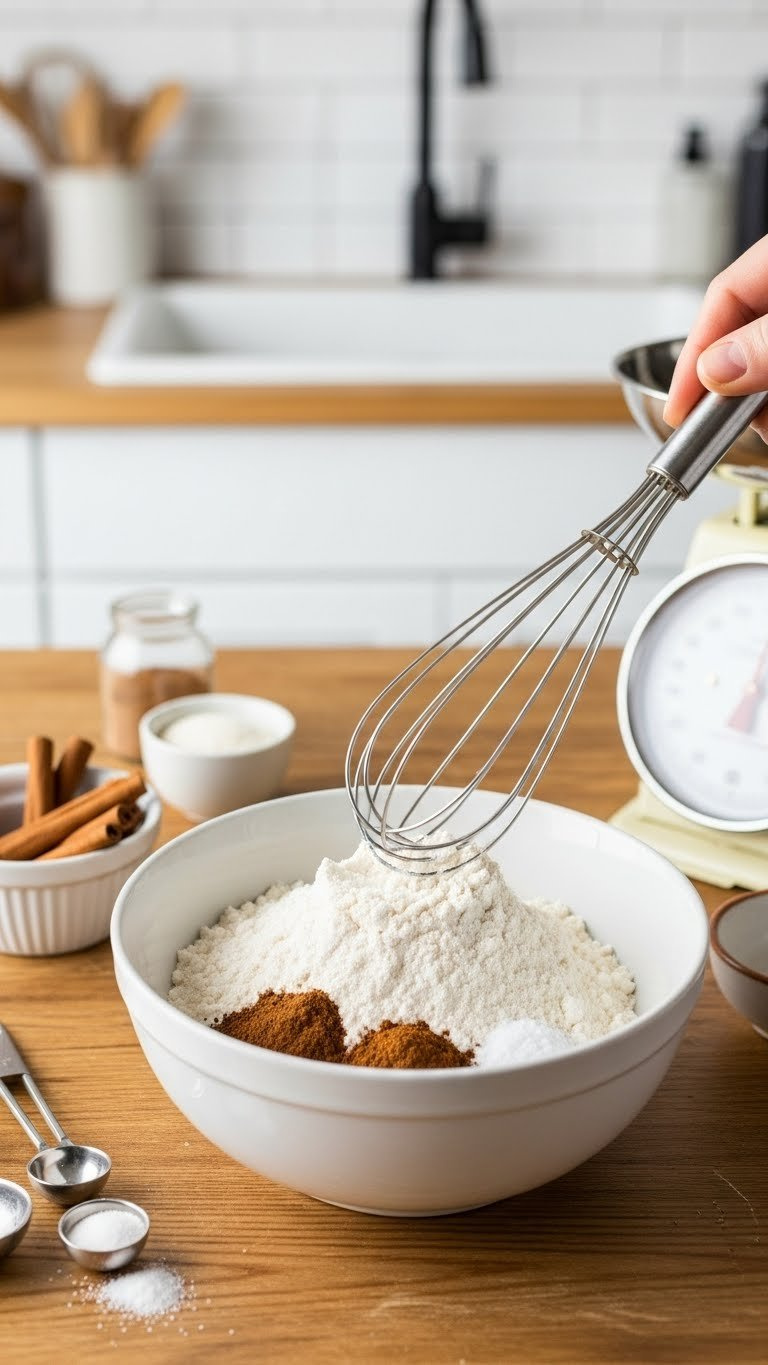Top-Down View Of Flour Mixture With Baking Powder And Cinnamon In White Bowl With Wire Whisk On Rustic Wooden Table