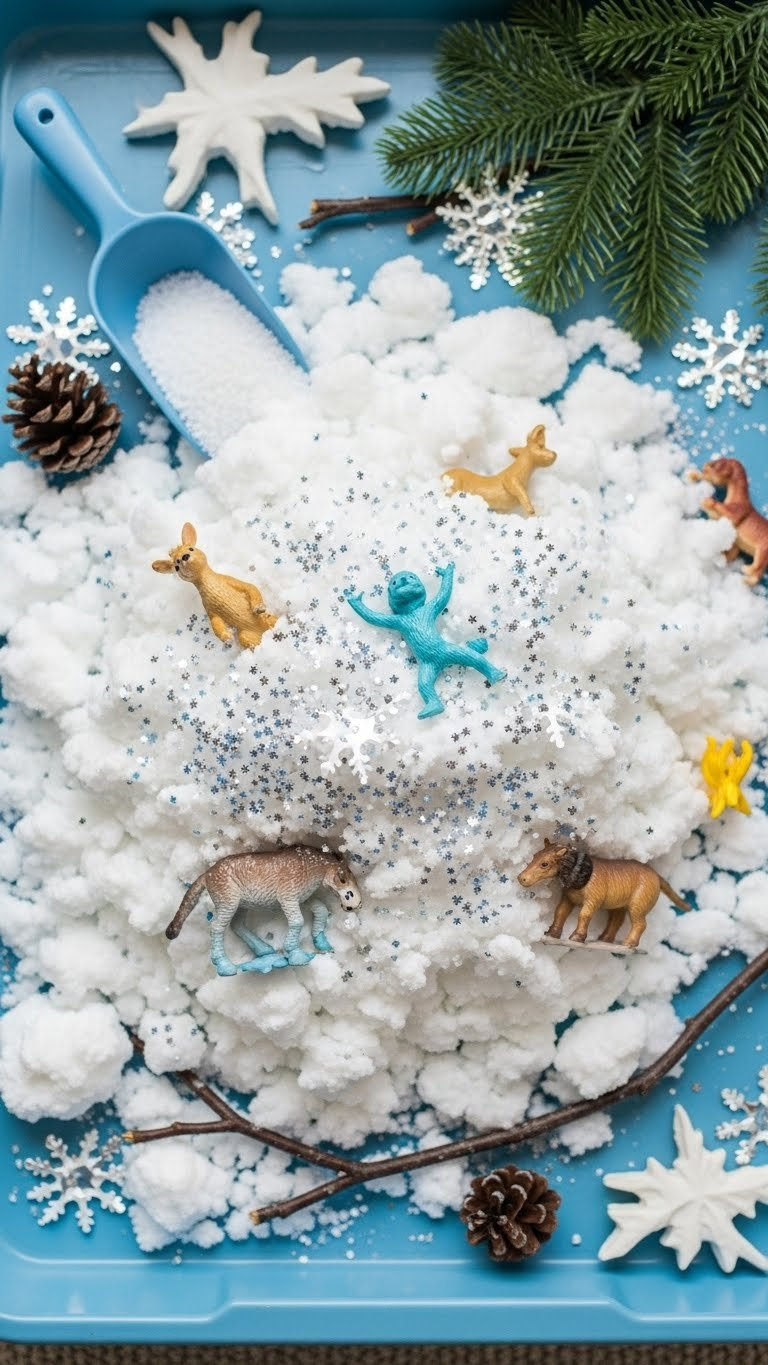 Top-Down View Of Fluffy Fake Snow With Silver Glitter And Plastic Snowflake Confetti Creating Sensory Play Scene