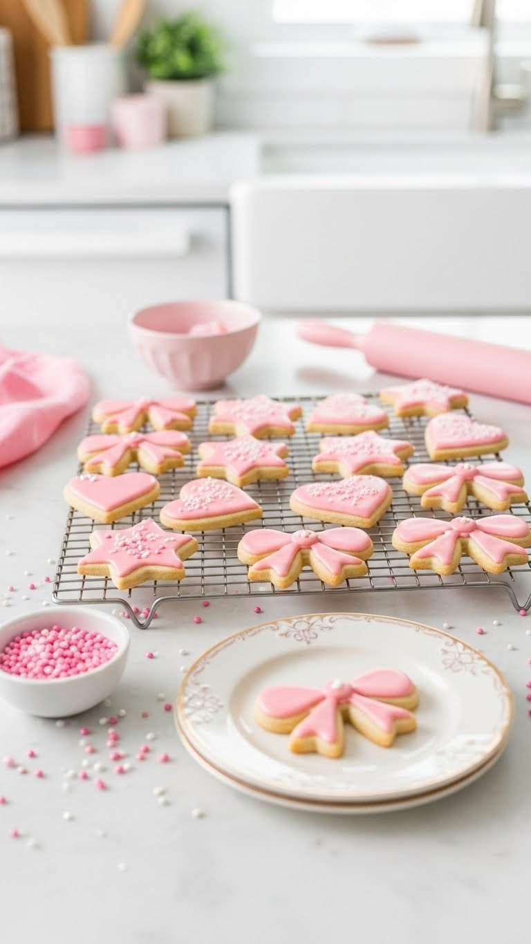 Top-Down View Of Freshly Baked Pink Sugar Cookies Shaped Like Hearts And Stars With White Sprinkles On Marble Countertop.