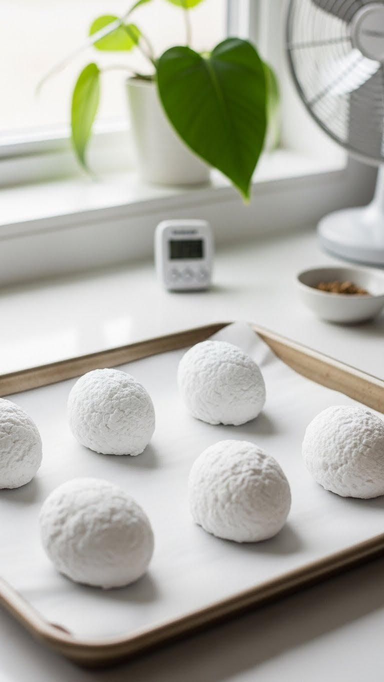 Top-Down View Of Freshly Molded Baking Soda Dinosaur Eggs Drying On Parchment-Lined Baking Sheet On White Countertop