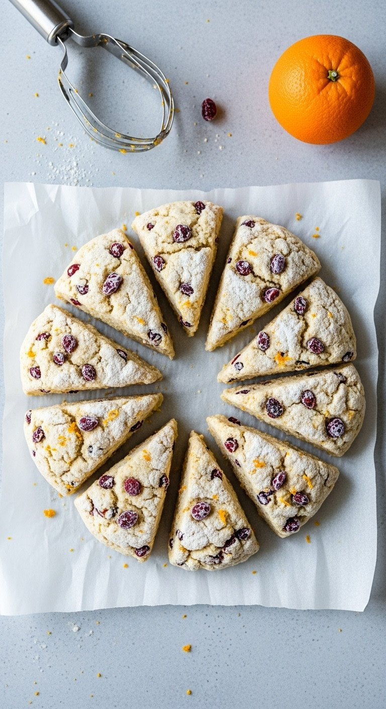 Top-Down View Of Frozen, Unbaked Cranberry Orange Scone Wedges Arranged In A Circle On Parchment, Ready For Storage.