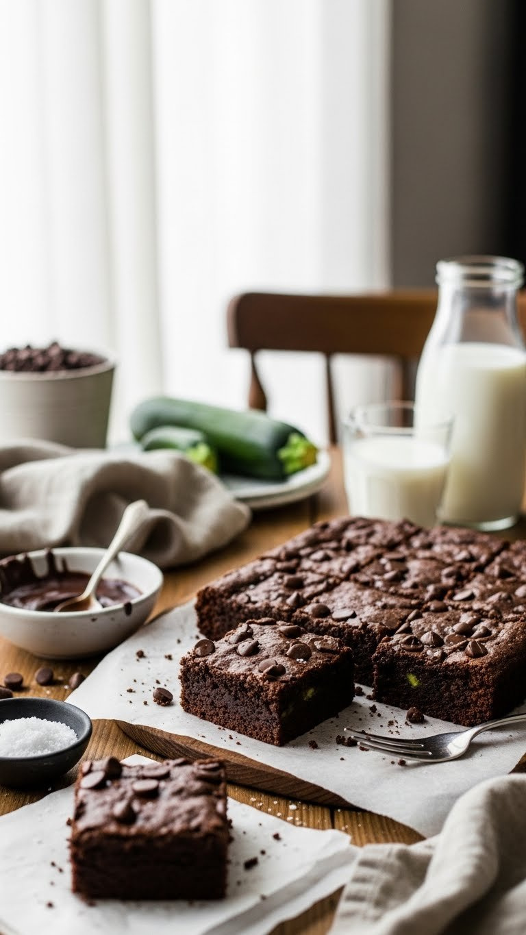 Top-Down View Of Fudgy Dark Chocolate Zucchini Brownies With Melted Chocolate Drizzle On Rustic Wooden Table