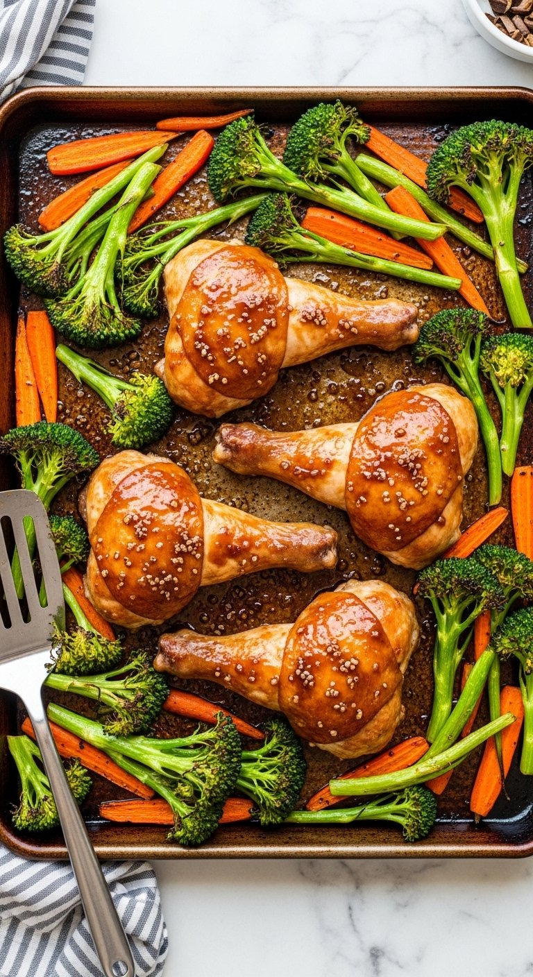 Top-Down View Of Glazed Chicken Roasted With Broccoli And Carrots On A Metal Sheet Pan On Marble.