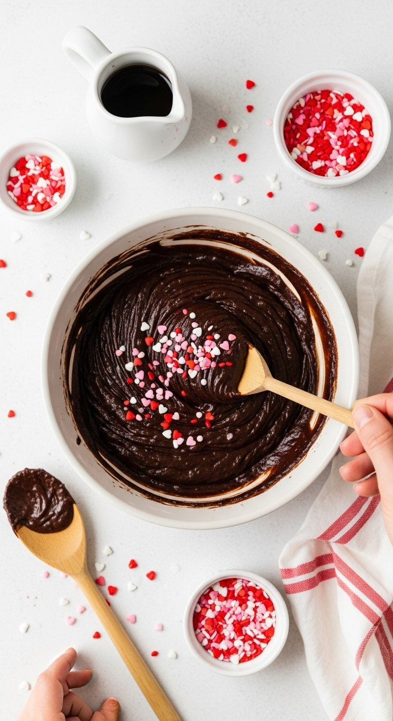 Top-Down View Of Glossy Chocolate Brownie Batter With Valentine Sprinkles And Chocolate Chips In A Vintage White Bowl, Being Stirred.