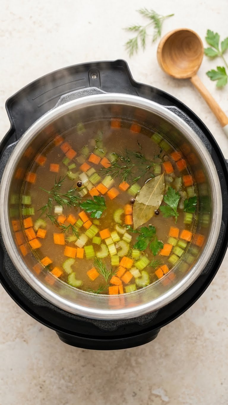 Top-Down View Of Golden Instant Pot Chicken Broth Simmering With Diced Carrots, Celery, And Fresh Dill, Ready For A Hearty Soup.