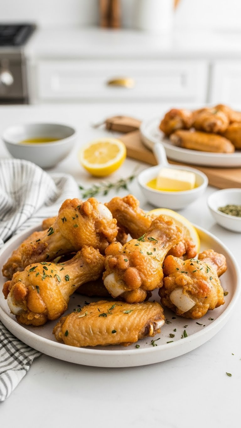 Top-Down View Of Golden Air Fried Chicken Wings With Baking Powder Coating On Ceramic Platter With Lemon And Herbs