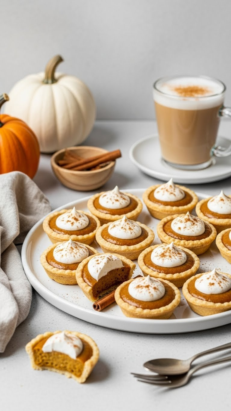 Top-Down View Of Golden-Brown Miniature Pumpkin Pie Bites With Whipped Cream And Cinnamon On White Platter For Thanksgiving Desserts