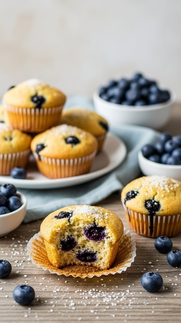 Top-Down View Of Golden-Brown Vegan Blueberry Muffins, Fluffy And Moist, With Fresh Berries On A Rustic Wooden Table.