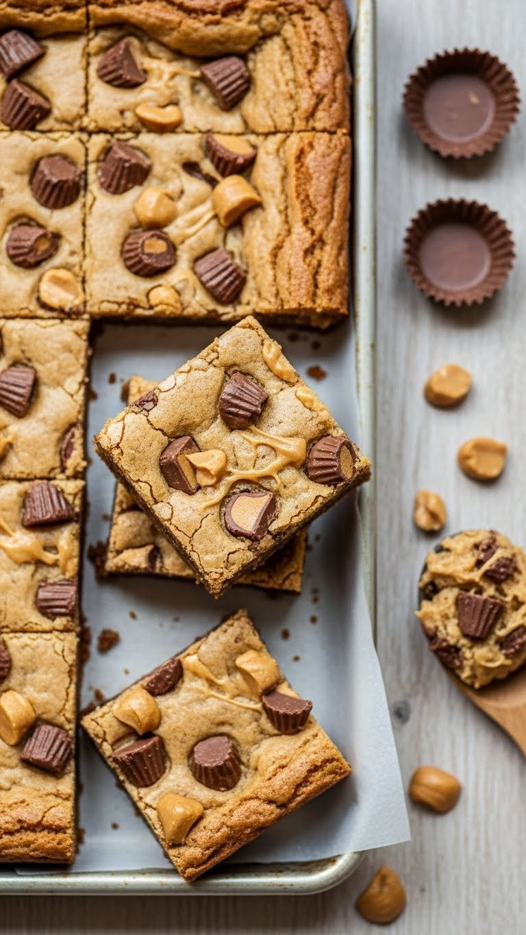 Top-Down View Of Gooey Peanut Butter Cup Blondies With Melted Centers On Parchment, Warm Homey Kitchen.
