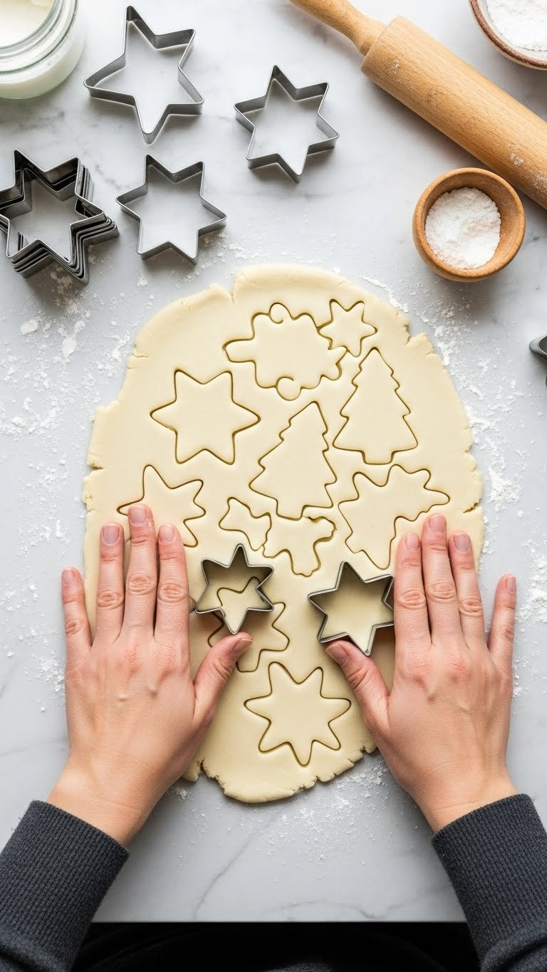 Top-Down View Of Hands Pressing Holiday Cookie Cutters Into Pure White Baking Soda Dough On Marble Countertop.