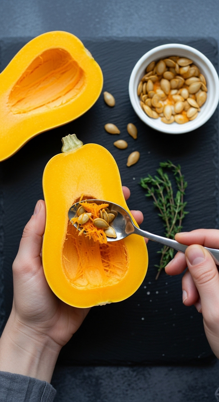 Top-Down View Of Hands Using A Metal Spoon To Scoop Seeds From A Delicata Squash Half On A Dark Slate Surface.