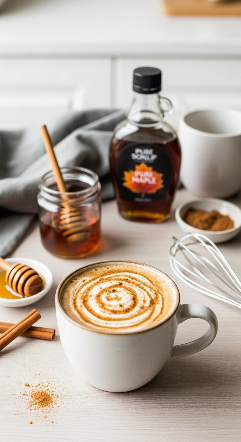 Top-Down View Of Healthy Coffee Alternative With Cinnamon, Honey, And Maple Syrup On A Wooden Table.