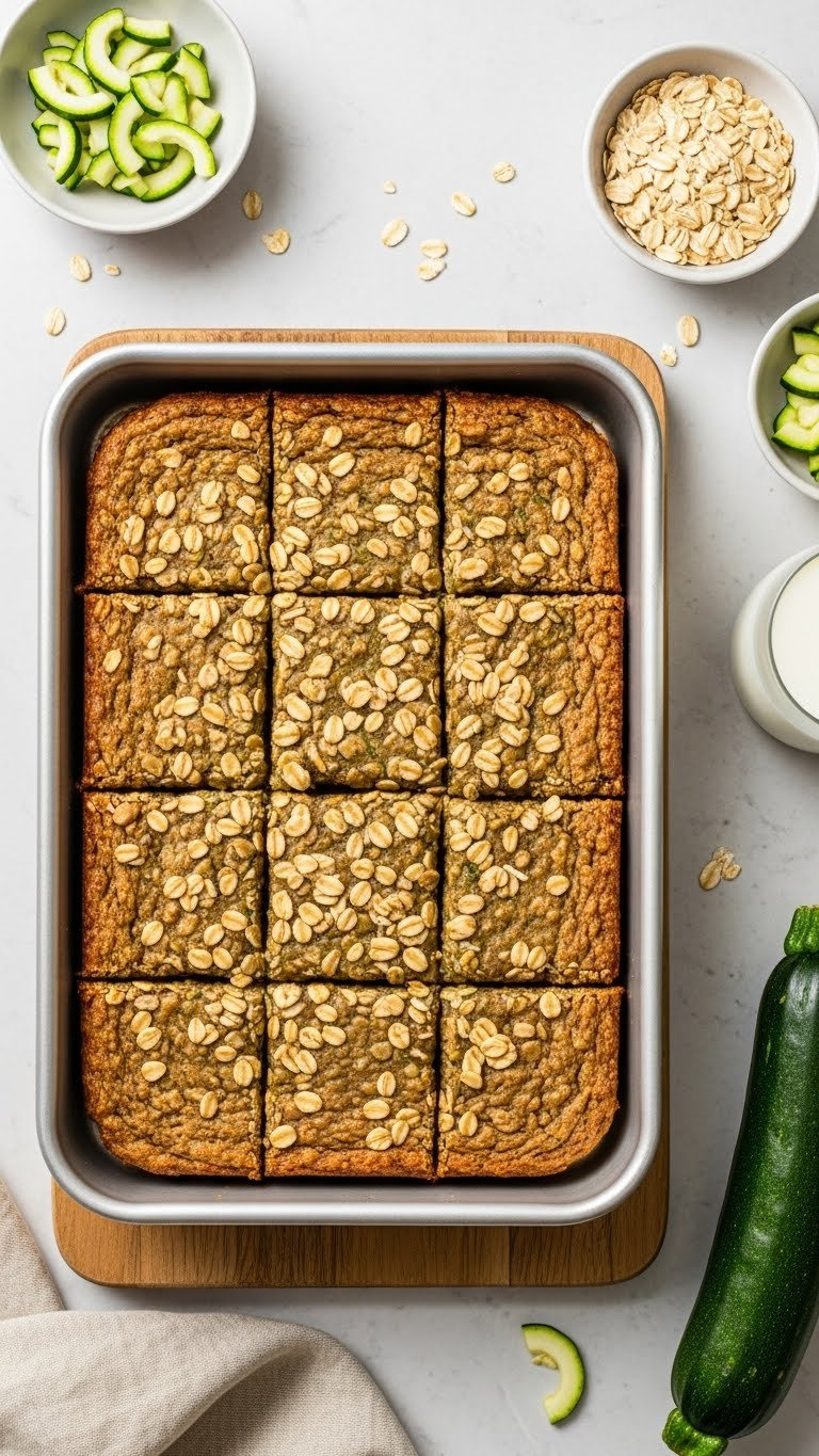 Top-Down View Of Healthy Zucchini Oat Bars Cut Into Squares With Visible Oats On Wooden Cutting Board