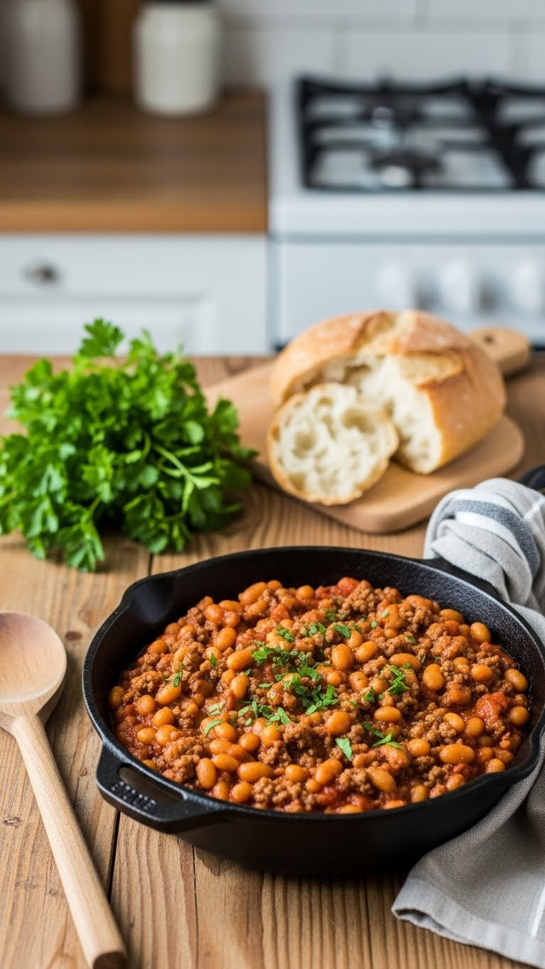 Top-Down View Of Hearty Baked Bean And Ground Beef Skillet Bubbling In Cast Iron Pan With Parsley Garnish On Rustic Wooden Table
